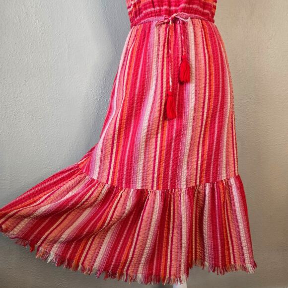 Greylin Striped Tiered Midi Sundress XS Tassel Fringe Crinkle Sleeveless Boho - Picture 5 of 14